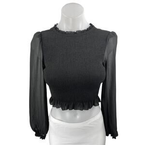 Aritzia Wilfred Black Smocked Ruffle Sheer Long Puff Sleeve Crop Blouse Top 2XS